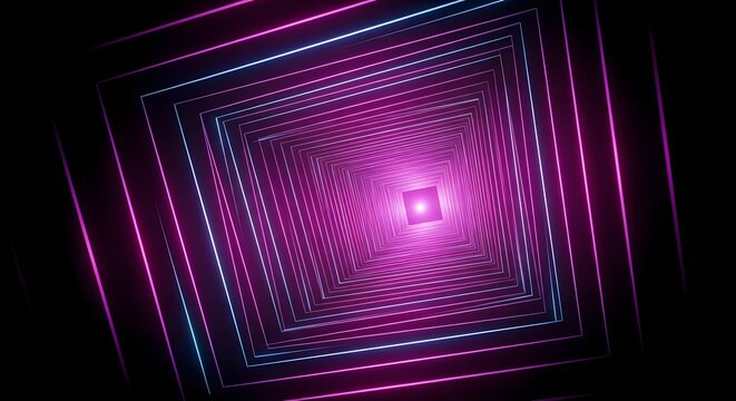 A hypnotic digital tunnel of rotating neon squares in vibrant pink and blue hues against a black background.