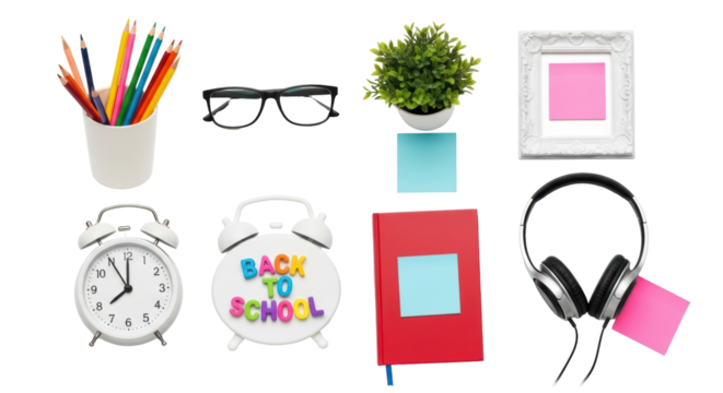 Isolated set of school objects pencils eyeglasses alarm clocks books for back to school season - Powered by Adobe