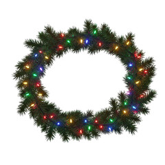 Circular christmas wreath with colorful lights and pine branches
