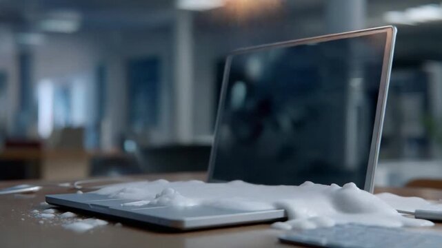 Laptop and Spill: A spilled substance dramatically engulfs a laptop on a desk, creating a visually striking moment, highlighting the consequences of unexpected events and mishaps. 