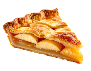 Close-up of a golden-brown apple pie slice.  A delicious looking slice of apple pie with a flaky crust and visible apple filling