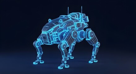 Blue neon wireframe of a four-legged mechanical robot on dark background futuristic