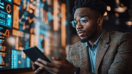 Focused African American businessman analyzing financial data on a tablet with futuristic digital screens in the background