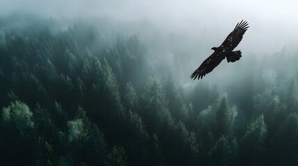 An eagle soars majestically over a misty dense evergreen forest in an aerial view
