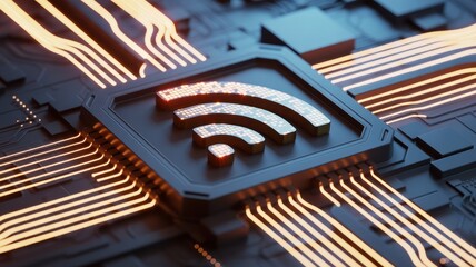 Digital Wireless Signal: An illuminated integrated circuit symbolizes digital connectivity and data transfer with a glowing wifi symbol.