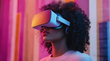 Woman immersed in virtual reality with a futuristic neon glow