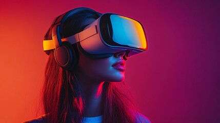 Woman in virtual reality headset under futuristic neon light