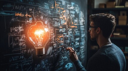 Man drawing a bright idea on a complex blackboard