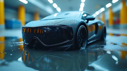 Futuristic Sports Car in Flooded Parking Garage with Rainy Day, Wet Surface, and CGI.