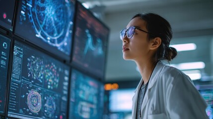 South East Asian female data scientist analyzing machine learning algorithms on large display screen, modern tech lab setting, perfect for women in STEM concept.