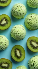 Colorful kiwi ice cream scoops are beautifully arranged on a blue background alongside fresh kiwi slices, creating a visually appealing dessert scene perfect for summer