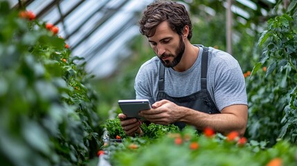 Farmer using digital tablet for crop management in greenhouse