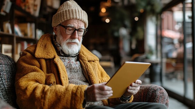 Stylish senior man using a digital tablet in a cozy cafe - Powered by Adobe
