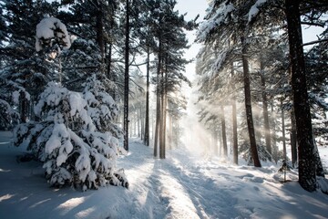 Snowy forest landscape with sunlight shining through trees