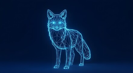 Blue Wireframe Fox With Glowing Eyes Facing Forward Dark Background animal digital