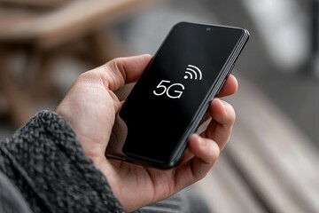 Close-up of a hand holding a modern smartphone with 5g symbol