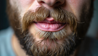 Close-up of man's beard and lips with soft light  