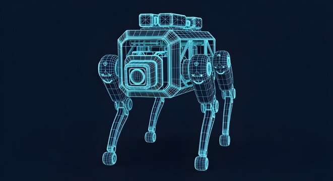 Blue Wireframe Robot Dog With Camera On Dark Background image photo