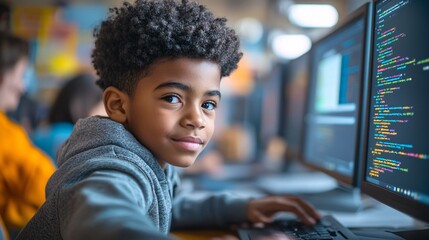 Young African American Boy Learning to Code in a Classroom