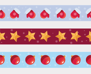 A versatile set of vector seamless backgrounds. These festive designs are replete with mittens, stars, and ornaments intricately decorated with snowflakes. Perfect for any holiday project.