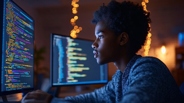 Gifted teenage programmer coding on multiple monitors