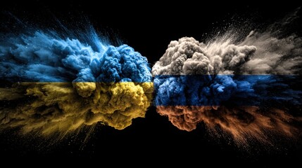 The flags of Ukraine and Russia with a smoke explosion in the middle, symbolizing the war between these countries. 