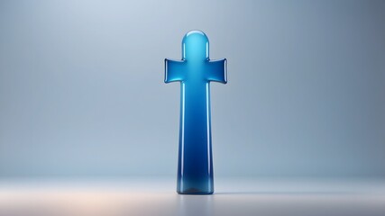 Blue glass cross sculpture with glossy reflective surface, transparent 3D abstract design symbolizing balance and clarity, modern minimal aesthetic for concept art and branding
