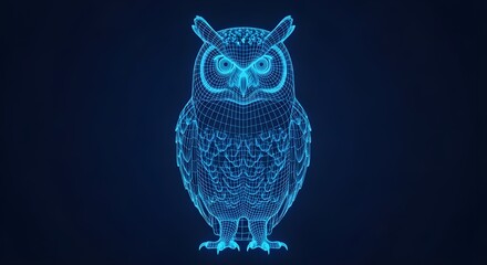 Detailed Blue Wireframe Owl With Glowing Outline On Dark Background image photo