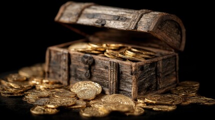 The open treasure chest is full of gold coins. 