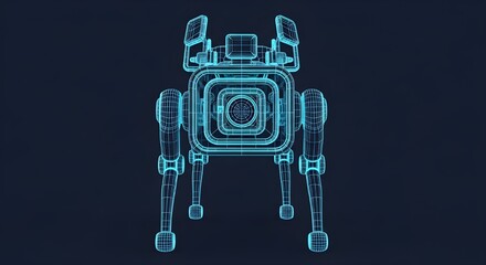 Front View Blue Wireframe Robot Dog With Camera On Dark Background image photo