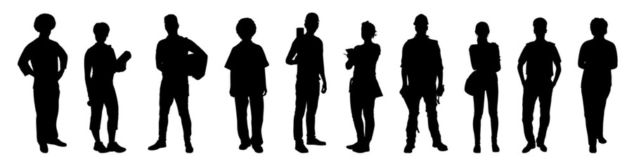 Collection of people different occupations or professions standing in a row vector silhouette set.