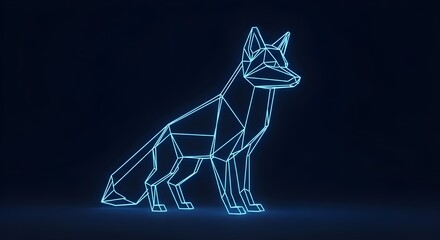 Geometric Neon Blue Fox Wireframe Silhouette on Dark Background polygon low poly