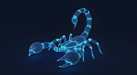 Glowing Blue Wireframe Scorpion 3D Model on Dark Backdrop image photo