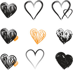 Crayon heart collection with chalk effect,Heart collection of black crayon sketches. Hand drawn romantic symbols in grunge style design on white background..eps