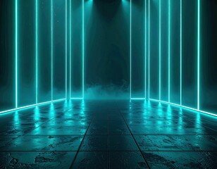 Neon turquoise light beams in a dark room