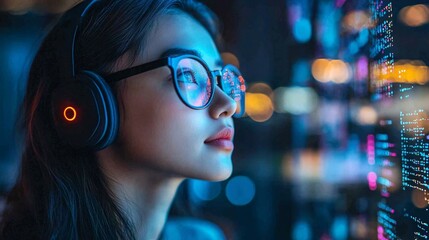 Focused female programmer coding in a futuristic office