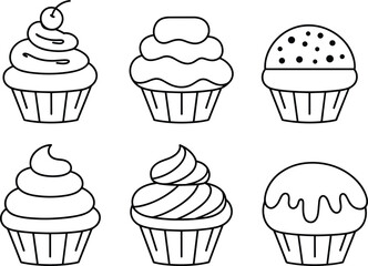 Six Different Styles of Outline Cupcakes with Cherry and Sprinkles dessert sweet