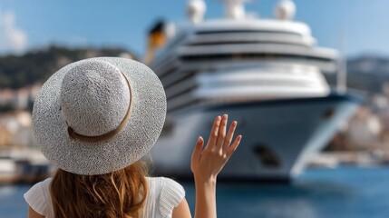 Fototapeta premium Happy Tourist Waving Goodbye to a Gigantic Cruise Ship, Woman with Hat in Tropical Paradise