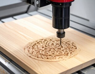 CNC router carving intricate design into light wood