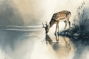 Watercolor Biblical illustration, a graceful deer by a flowing river at sunrise, bending down to drink from clear waters.