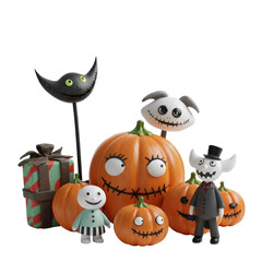 Halloween pumpkins and figurines with decorative gift
