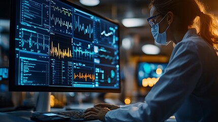 Scientist in Lab Coat Analyzing Complex Data on Computer