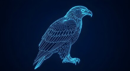 Neon Blue Wireframe Eagle Perched on Dark Background bird raptor