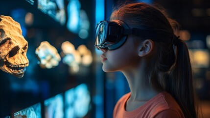Futuristic learning with a girl in a virtual reality museum