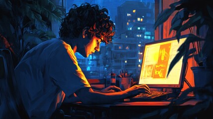 Focused designer working on a laptop in a cozy city room