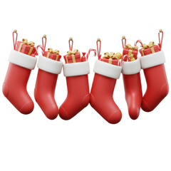 Hanging christmas stockings with gifts and candies holiday decorations