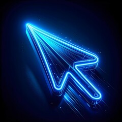 Neon glowing blue mouse cursor pointer with futuristic light effects, isolated on black background.