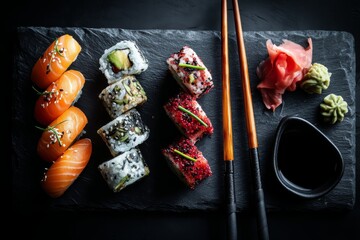 Top view of assorted sushi rolls with chopsticks on slate plate