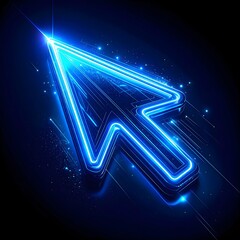 Neon glowing blue mouse cursor pointer with futuristic light effects, isolated on black background.