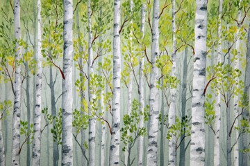 Watercolor painting forest landscape of birch trees in spring.	